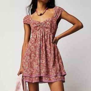Free People Revolve Tabitha Floral Print Smocked Lace Ruffled Mini Dress